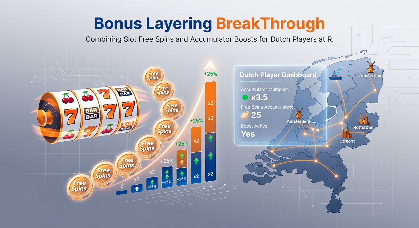Voorbeeldscherm van een Nederlands casino met geactiveerde bonus layering, tonen free spins teller en groeiende accumulator meter