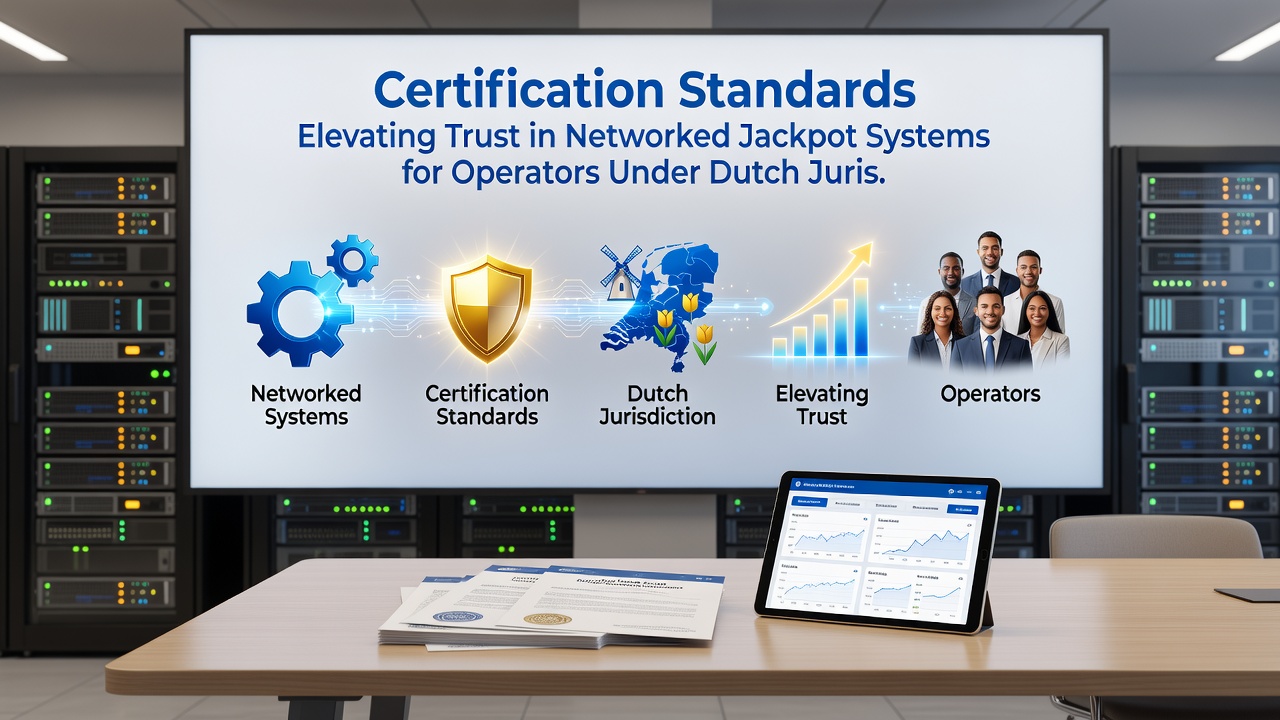 Technische audit van jackpot systemen met certificeringsdocumenten en netwerkvisualisatie