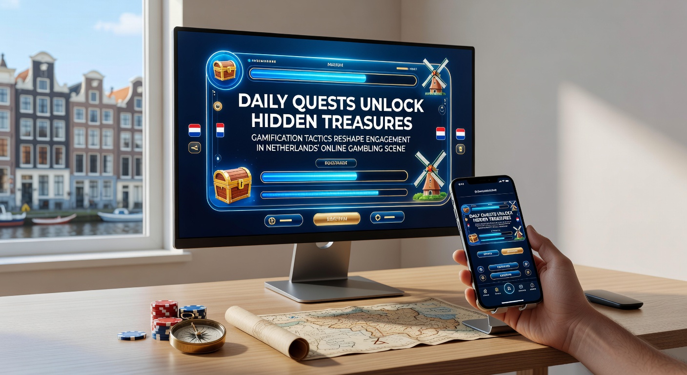 Spelers die dagelijkse quests voltooien op een Nederlands online casino platform, met schitterende beloningen en progressiebalken in beeld