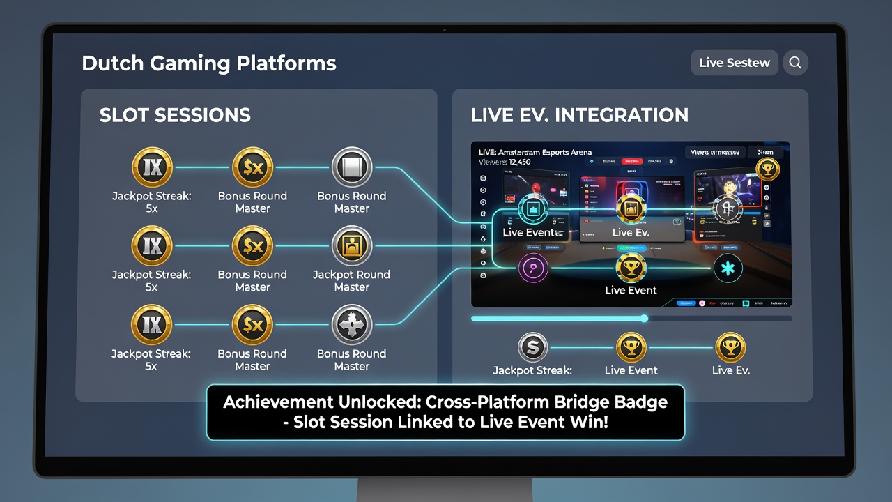 Gebruikersinterface van een Nederlands platform met gelaagde badges tussen slots en live events