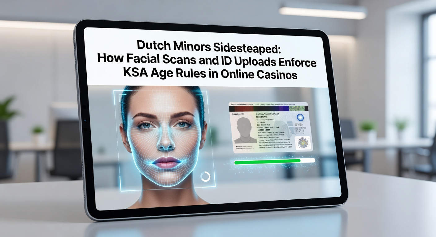 Gezichtsscan technologie in actie bij een online casino login, met een close-up van een smartphone die een gezicht analyseert voor leeftijdsverificatie