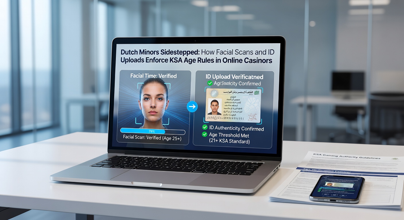 ID-upload proces op een laptop scherm, met een paspoortscan en verificatiestatus indicatoren voor KSA-compliant online casino registratie