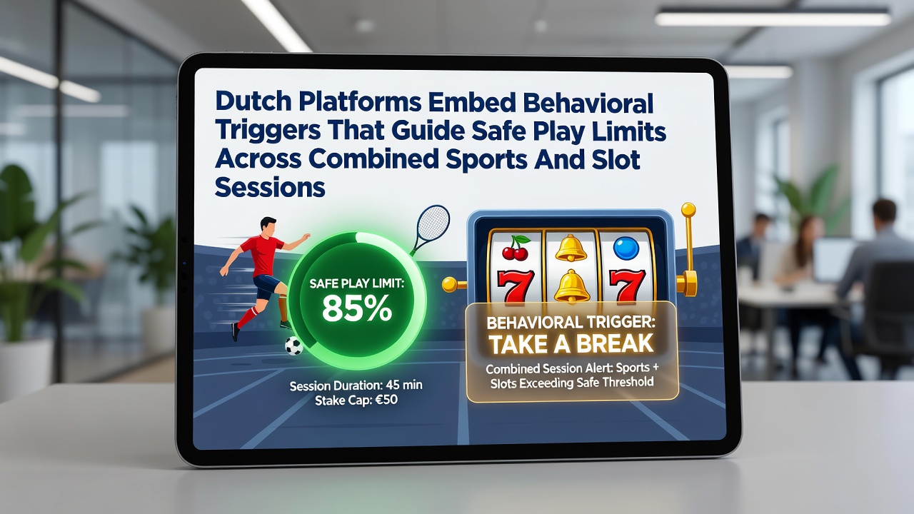Weergave van een Nederlands online kansspelplatform met gedragsmatige waarschuwingen tijdens gecombineerde sport- en slotsessies