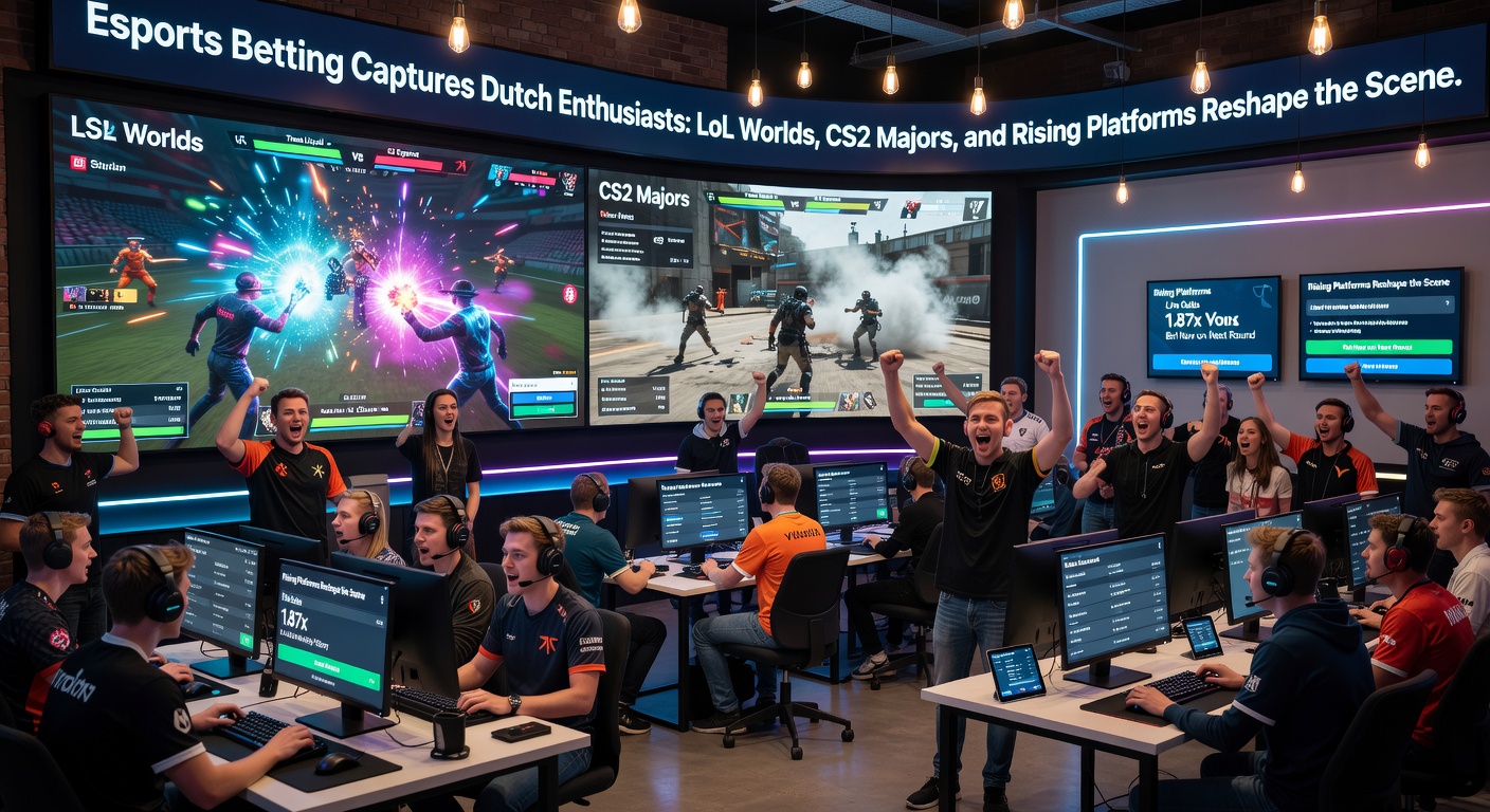 Spannende esports arena vol fans die juichen tijdens LoL Worlds, met digitale schermen en weddenschapsodds die oplichten