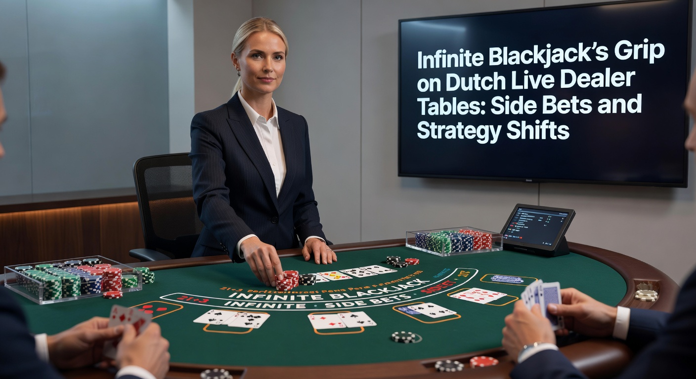 Live dealer tafel met Infinite Blackjack in actie, spelers plaatsen side bets terwijl de kaarten vallen