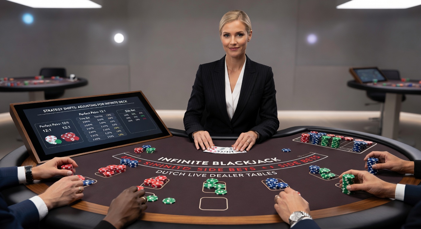 Spelerschermen met Infinite Blackjack side bets geactiveerd, dealer deelt kaarten in een bruisende studio setting