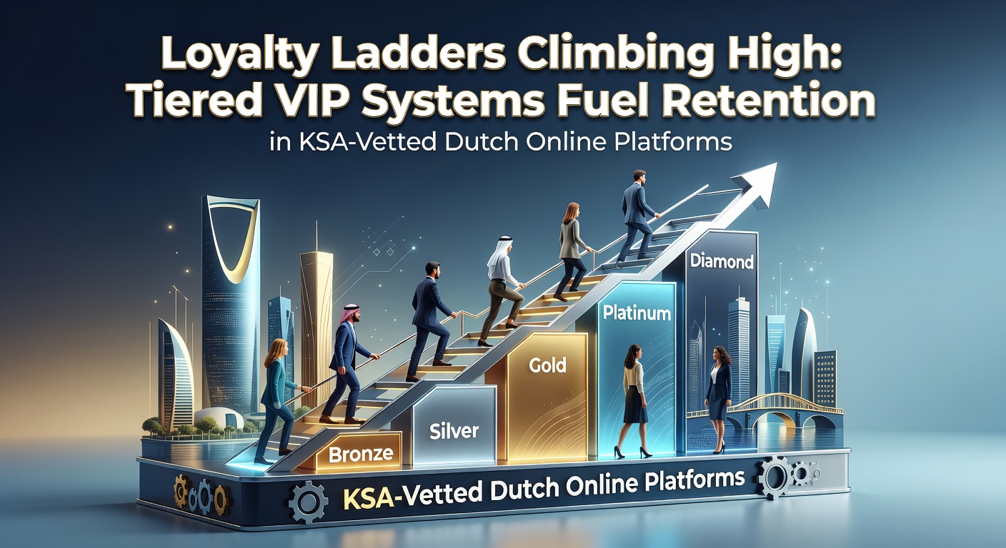 Visuele weergave van een klimmende loyalty-ladder met VIP-tiers in een Nederlands online casino, symboliserend groeiende spelerbeloningen en retentie