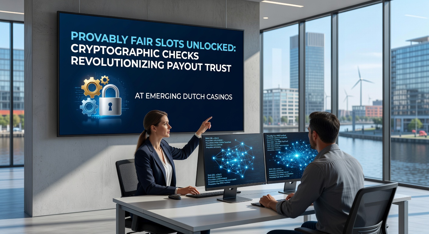 Grafische weergave van provably fair slots met cryptografische hashes en verificatieprocessen in een casino-omgeving