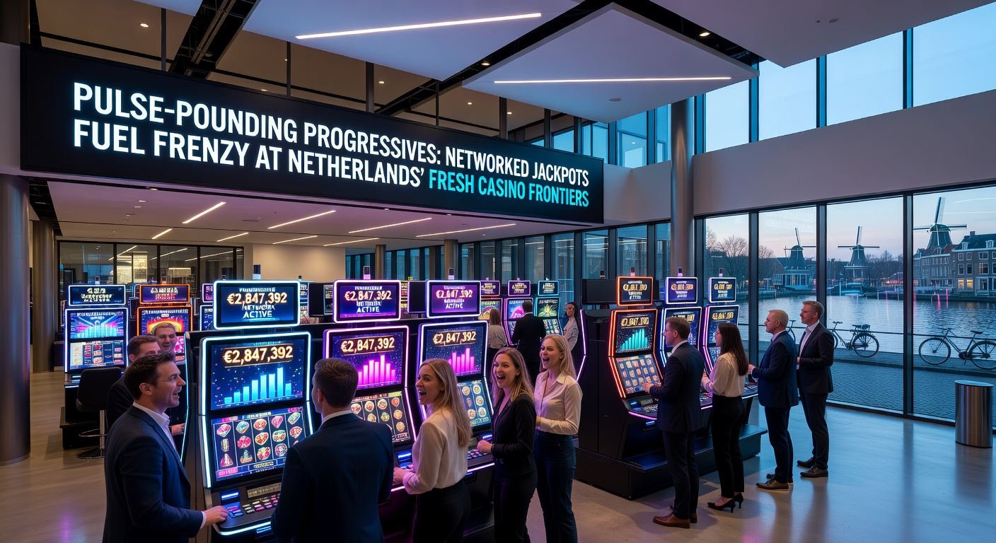 Dynamische visualisatie van een netwerkjackpot die explodeert met een grote win, spelers reageren euforisch op een Nederlands casino scherm met Nederlandse vlag en euro symbolen