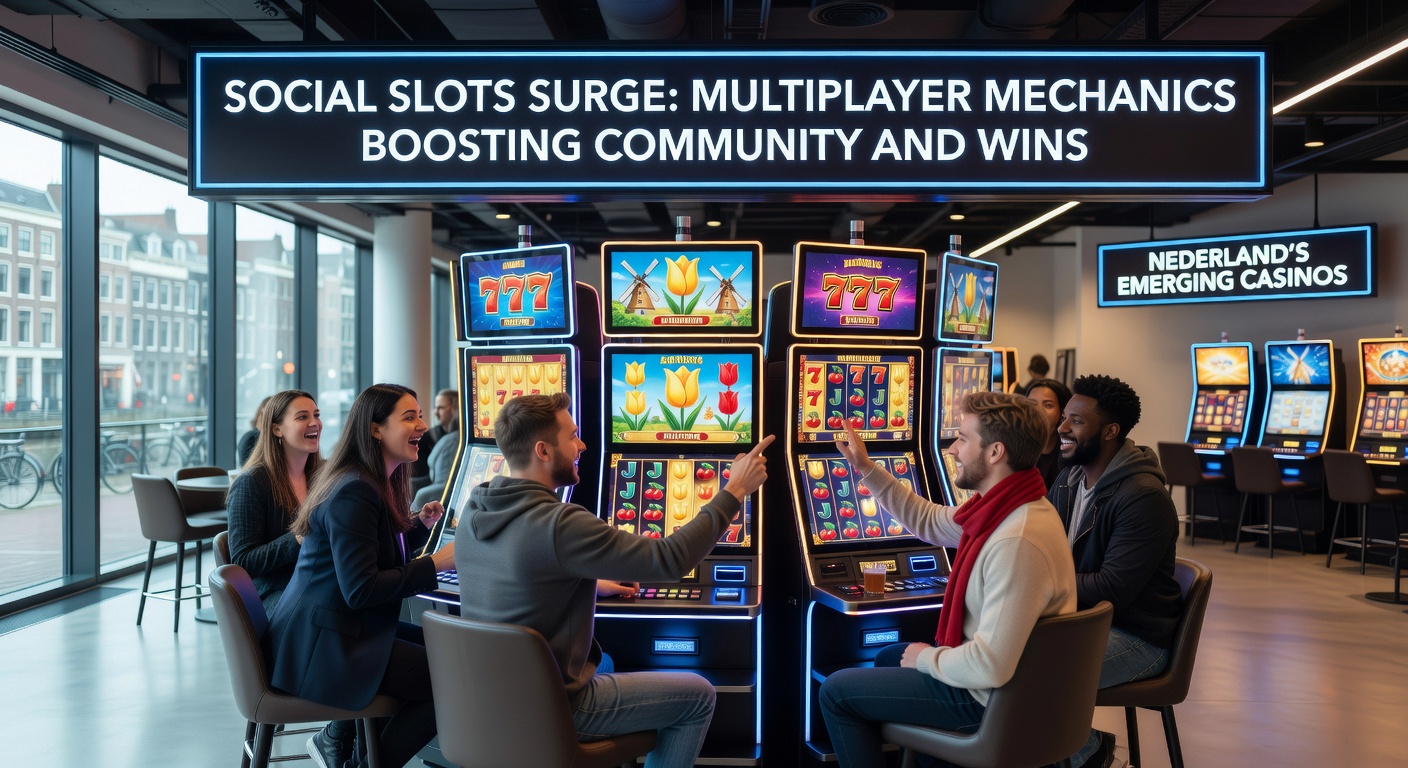 Spelers die samen multiplayer slots spelen in een levendige online casino omgeving met chatfuncties en gedeelde jackpots