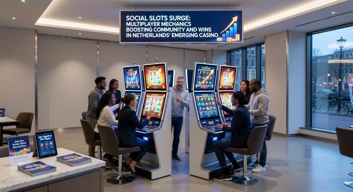 Een groep Nederlandse spelers viert een gedeelde jackpot in een multiplayer slot toernooi met leaderboards en chat bubbels