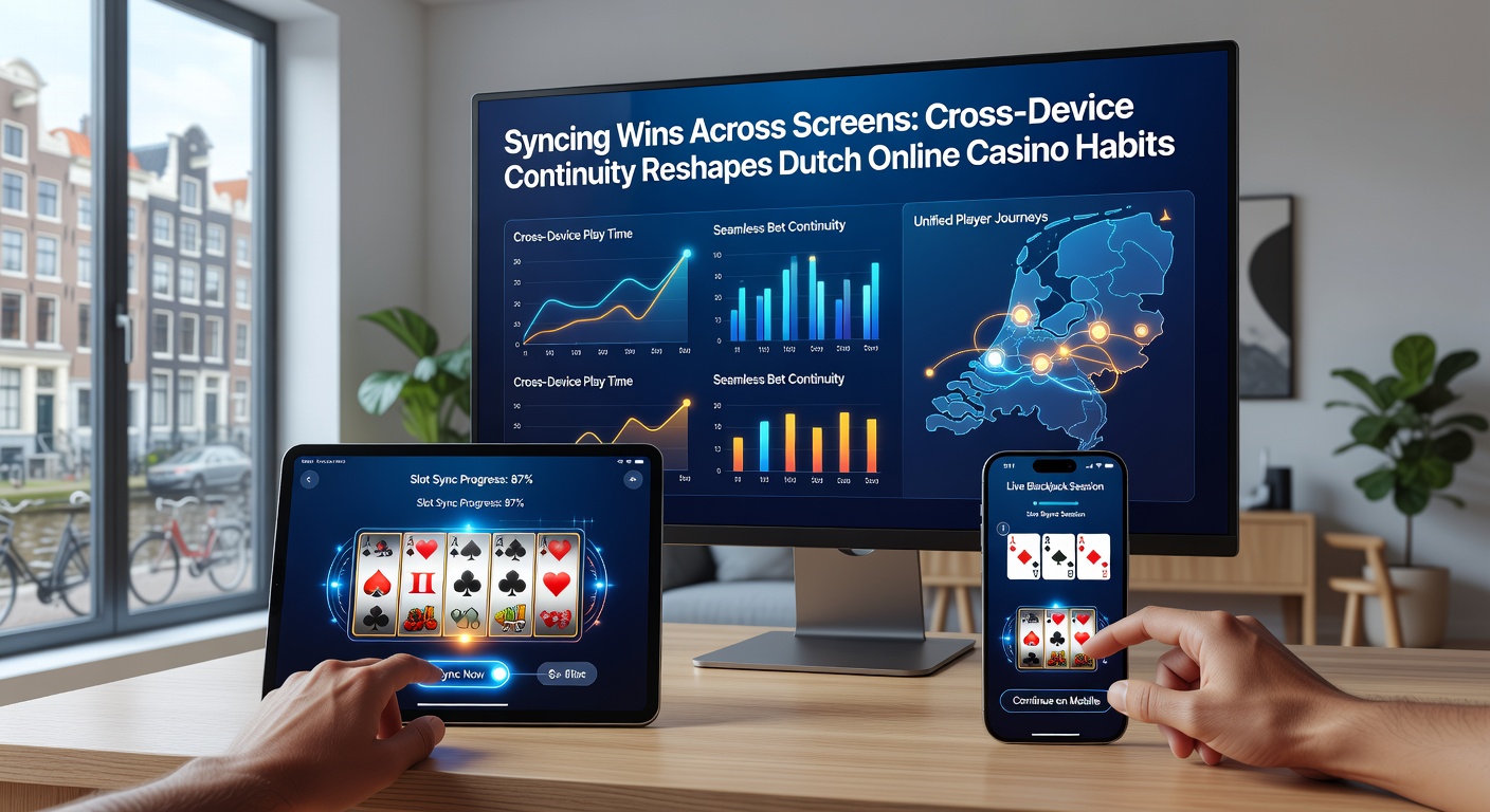 Diverse apparaten met gesynchroniseerde casino-interfaces, illustrerend hoe Nederlandse spelers winsten en progressie delen over mobiel, tablet en desktop
