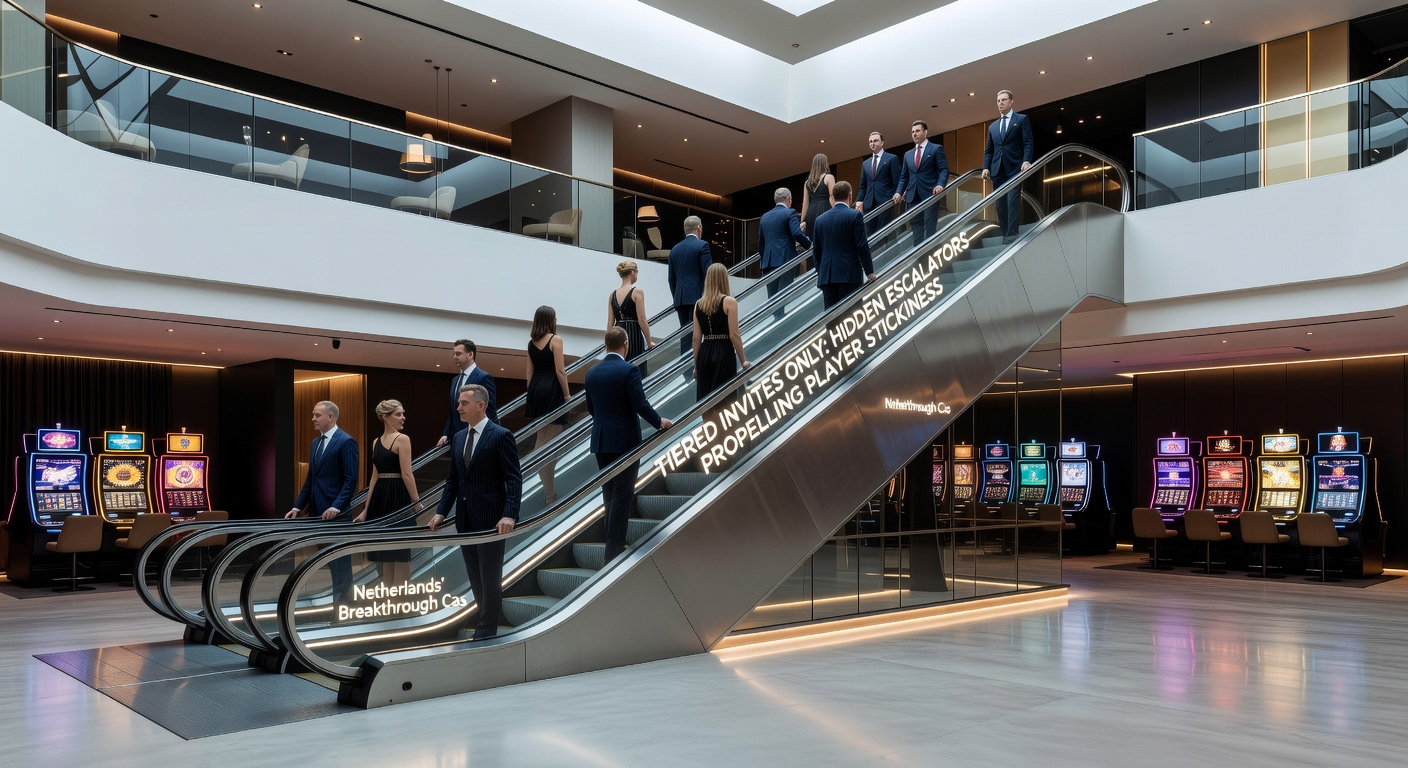 Voorbeeldscherm van een tiered invite popup in een Nederlands casino app, met progress bar en exclusieve beloningen