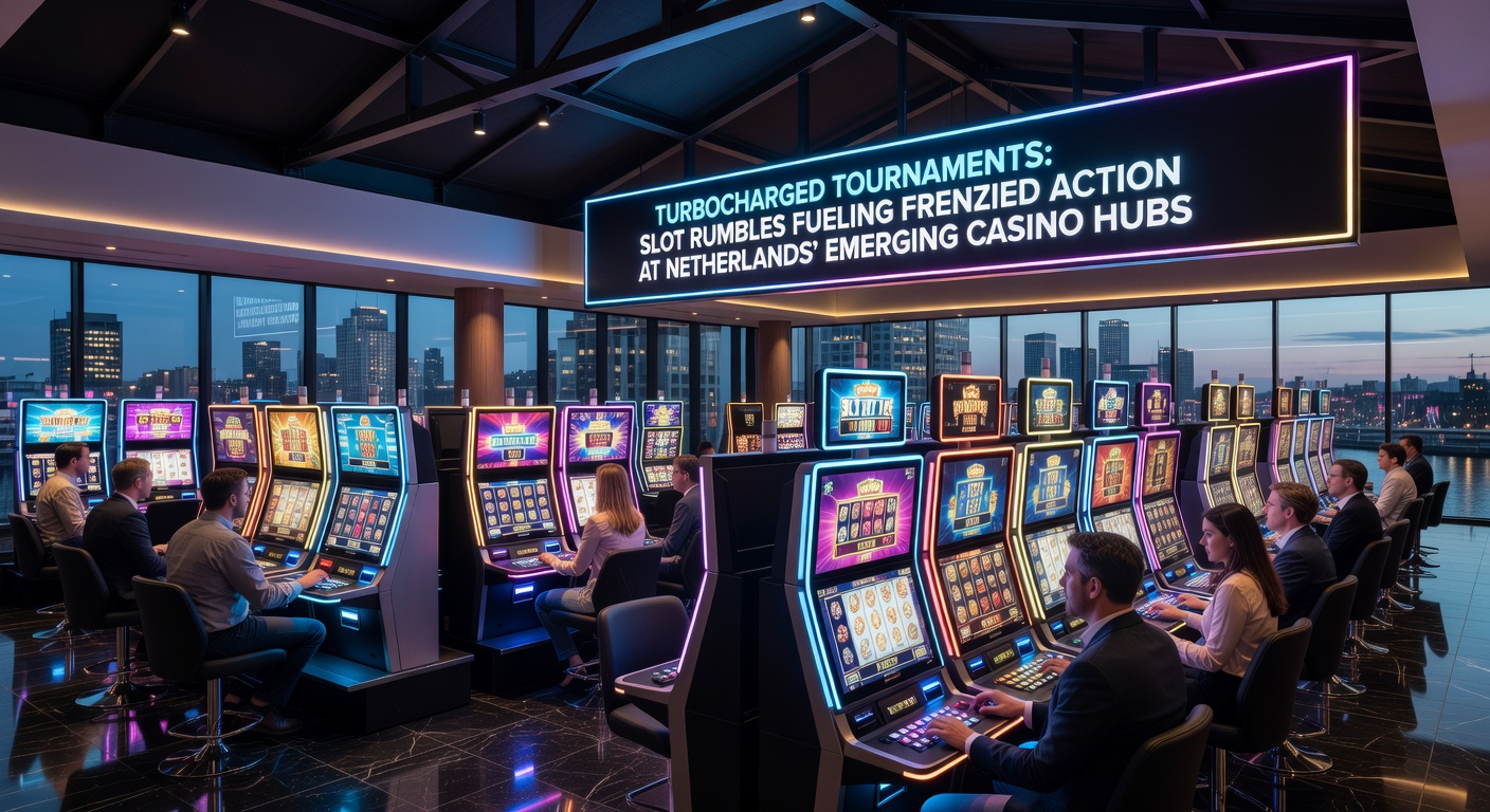 Dynamische weergave van spelers in een turbocharged slottoernooi met felle lichten en draaiende rollen op een Nederlands casino-platform
