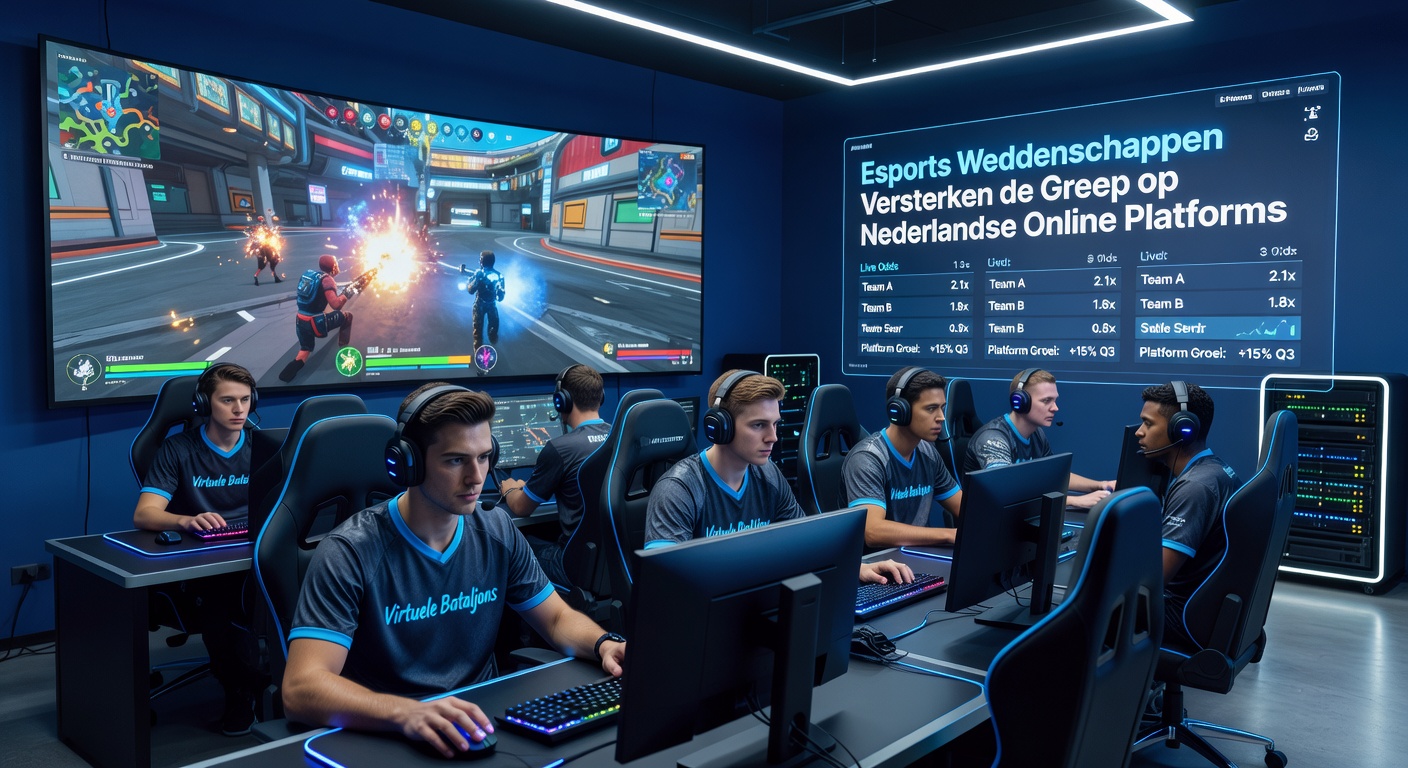 Virtuele esports teams in intense competitie op een Nederlands online wedplatform, met live odds en streaming feeds zichtbaar op schermen