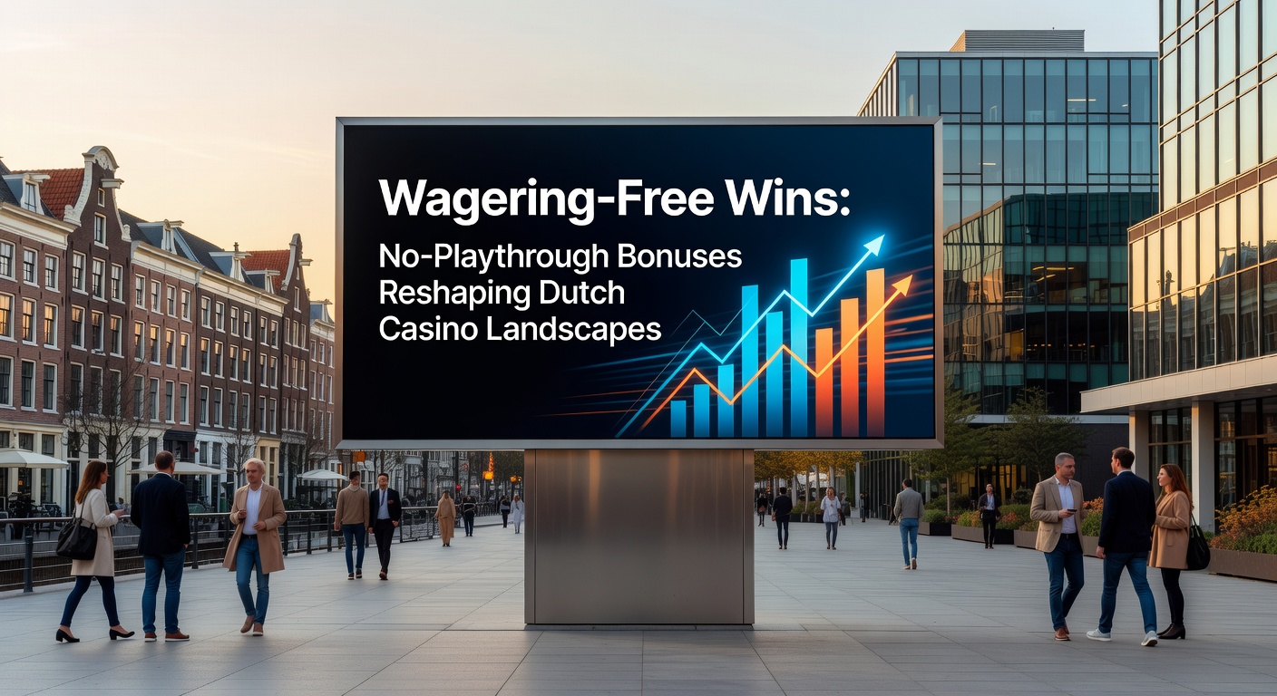 Grafiek met stijgende lijnen die de groei van no-playthrough bonussen in Nederlandse online casinos tonen, met iconen van munten en slots