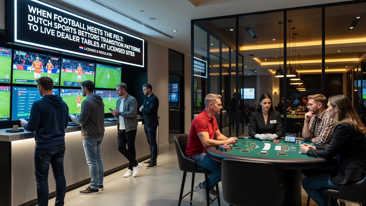 Illustratie van Nederlandse sportbettors die overstappen van voetbalweddenschappen naar live dealer tafels in een vergunde online casino omgeving
